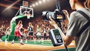 Fotografo a bordo campo durante una partita di basket femminile A2 che utilizza un sistema personalizzato con router mobile e cloud processing per l'invio automatico delle immagini alle agenzie stampa