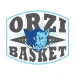 Logo della squadra Orzi Basket, con la scritta "Orzi Basket" in caratteri grigi e bianchi, accompagnata da un cinghiale blu stilizzato al centro e decorazioni di stelle.