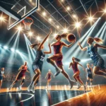 Azione intensa di una partita di basket femminile Serie A2 LBF, con una giocatrice di Torino Teen Basket che tenta un tiro mentre le avversarie difendono sotto le luci dello stadio