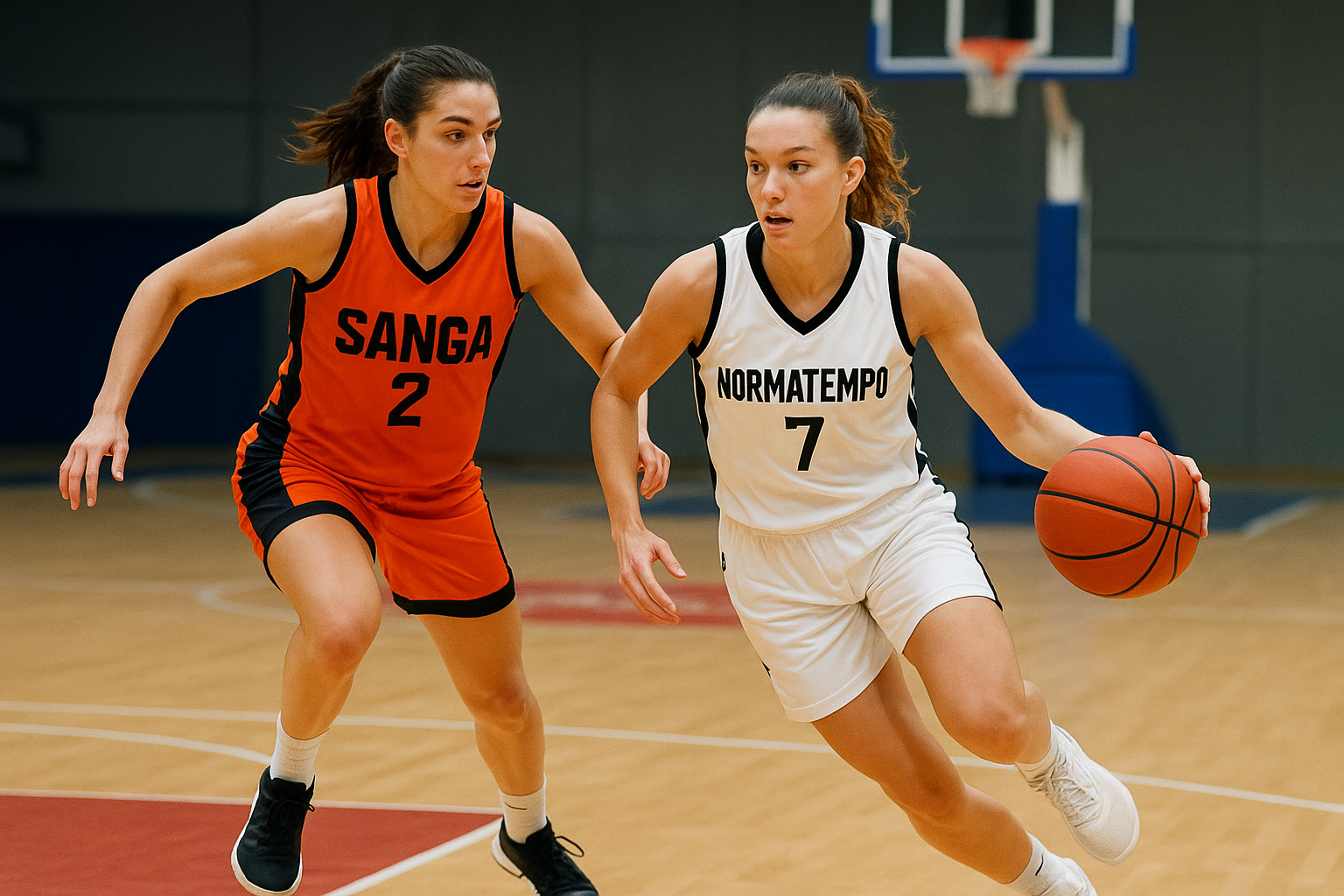 repower-sanga-milano-vs-normatempo-italia-pallacanestro-torino Azione di gioco tra una giocatrice di Normatempo Italia Pallacanestro Torino in palleggio e una di Repower Sanga Milano in difesa durante una partita.