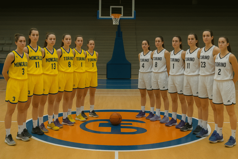 Giocatrici di Tecnoengineering Moncalieri in divisa gialla e Normatempo Italia Pallacanestro Torino in bianco e nero schierate al Pala Einaudi