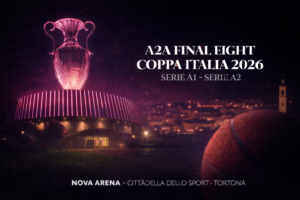 Carlo Granisso<br>Senior Project Manager MBA | Fotografo Sportivo 1 Immagine simbolica della A2A Final Eight Coppa Italia 2026 alla Nova Arena di Tortona, con il trofeo e l’arena illuminata