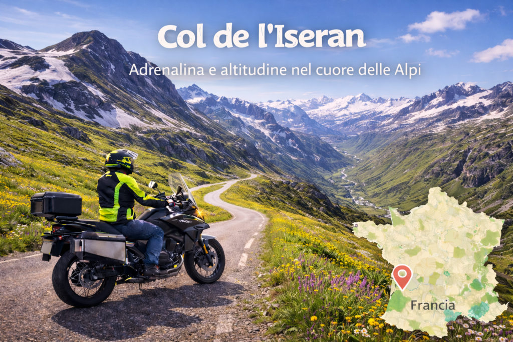 Carlo Granisso in sella alla CF Moto 700MT ADV durante uno dei giri in moto al Col de l’Iseran, passo alpino ad alta quota nelle Alpi francesi