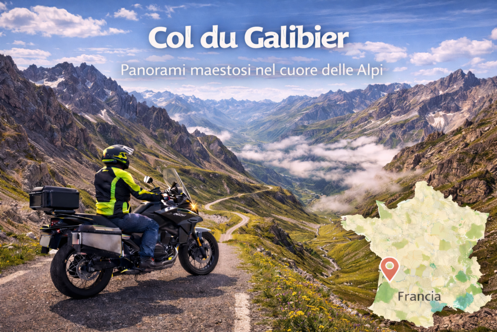 Carlo Granisso in sella alla CF Moto 700MT ADV durante uno dei giri in moto al Col du Galibier, tra grandi panorami e versanti alpini francesi