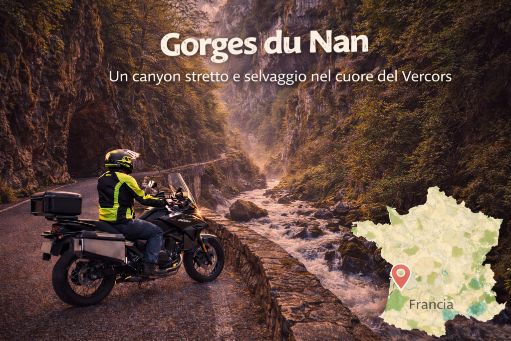 Carlo Granisso in sella alla CF Moto 700MT ADV durante uno dei giri in moto nelle Gorges du Nan, percorso scenografico tra pareti rocciose in Francia
