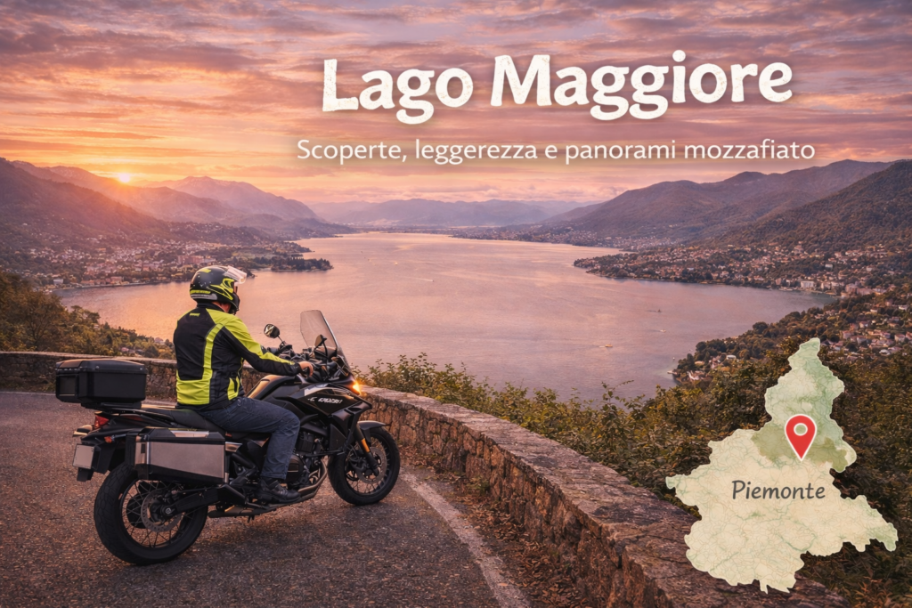 Carlo Granisso in sella alla CF Moto 700MT ADV durante uno dei suoi giri in moto al Lago Maggiore, tappa della roadmap in Piemonte