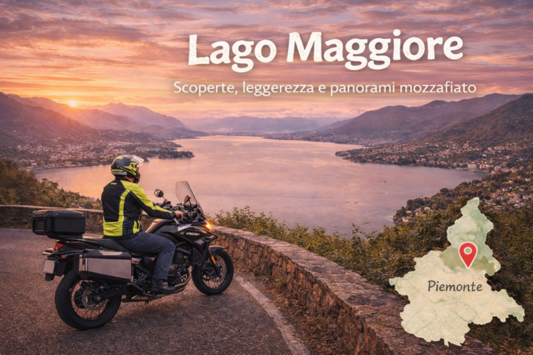 Carlo Granisso in sella alla CF Moto 700MT ADV durante il giro in moto al Lago Maggiore, tappa della roadmap in Piemonte