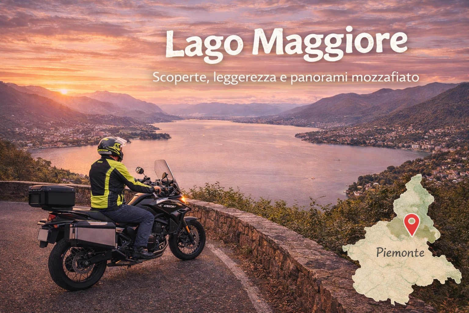 Carlo Granisso in sella alla CF Moto 700MT ADV durante il giro in moto al Lago Maggiore, tappa della roadmap in Piemonte