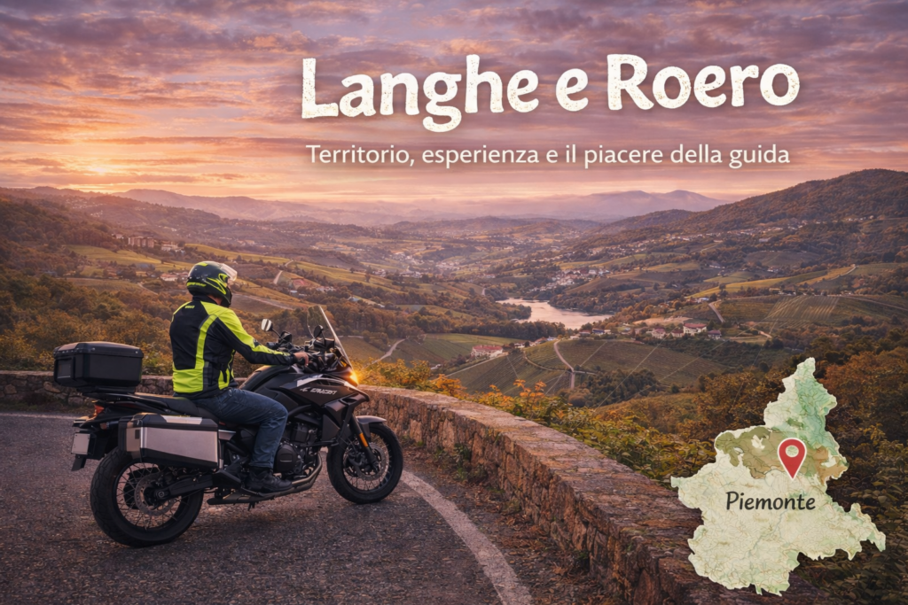 Carlo Granisso in sella alla CF Moto 700MT ADV durante uno dei suoi giri in moto tra Langhe e Roero, tappa della roadmap in Piemonte