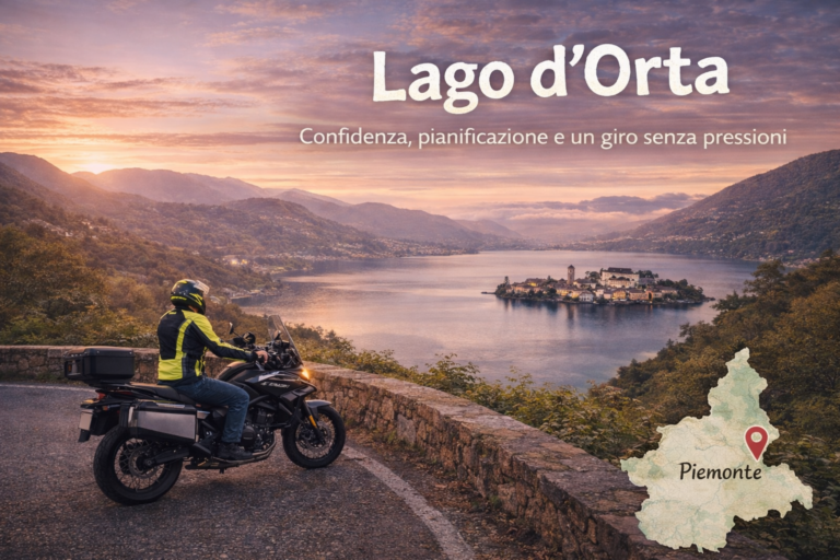 Giro in moto al lago d’Orta, prima tappa della roadmap in Piemonte: Carlo Granisso in sella alla CF Moto 700MT ADV durante