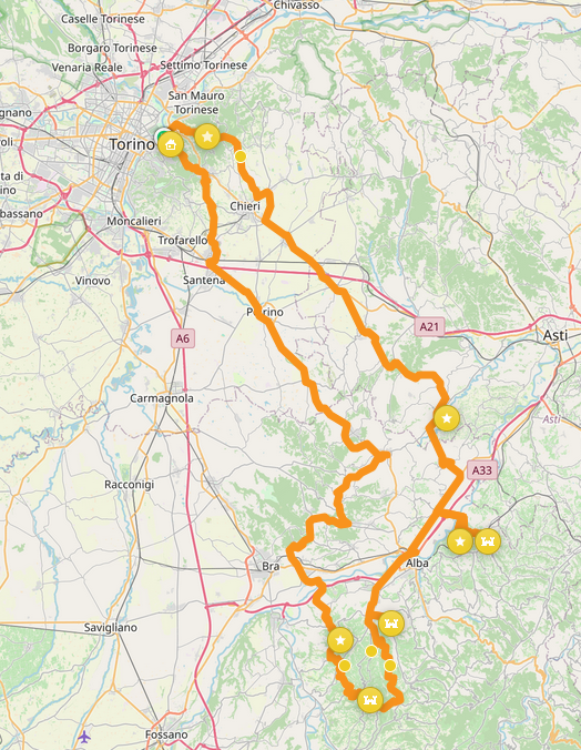 Langhe e Roero 2026 in moto da Torino: preparazione del giro tra colline, castelli e grandi vini 16 Mappa con traccia del giro in moto Langhe e Roero in anello con partenza e rientro a Torino