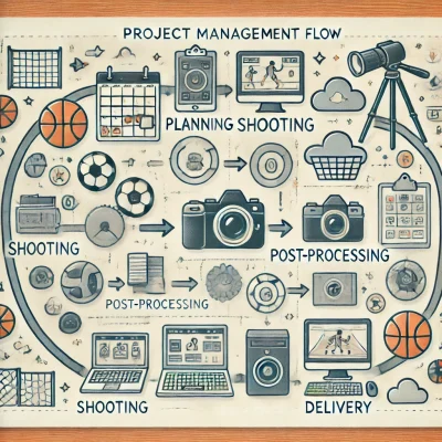 Project managament applicato alla fotografia Un diagramma illustrato che rappresenta il flusso di gestione dei progetti applicato alla fotografia sportiva. Il flusso è suddiviso in quattro fasi principali: pianificazione, identificata da un'icona di calendario; scatto, rappresentato da un'icona di macchina fotografica; post-produzione, simboleggiata da un computer; e consegna, indicata da un'icona di cloud. Lo sfondo presenta elementi sportivi delicati, come palloni da basket, palloni da calcio e luci da stadio, che richiamano il contesto sportivo. Il layout è pulito e professionale, sottolineando l'efficienza e l'organizzazione di questo workflow.